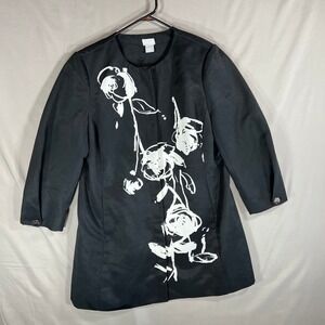 CHICO'S Women Medium Black Topper Tunic Jacket  3/4 Sleeve White Roses - spring